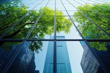 Poster - Majestic Urban Tower Surrounded by Lush Green Trees Under Clear Blue Sky Representing Harmony Between Nature and Modern Architecture in a Vibrant City