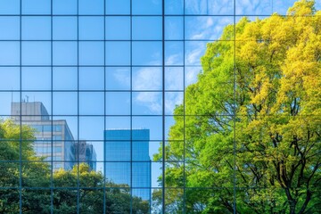 Poster - Modern Glass Building Surrounded by Lush Green Trees Creating a Harmonious Blend of Nature and Urban Architecture in a Bright Clear Sky Setting