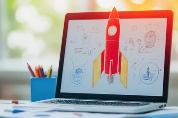 Aufkleber - creative laptop displaying artistic rocket illustration symbolizing innovation and imagination in a 