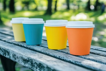 Poster - Three Vibrant Colorful Cups Arranged Aesthetically on a Rustic Wooden Bench Surrounded by Natural Elements Evoking a Cheerful and Inviting Atmosphere