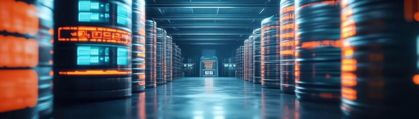 Poster - Long Hallway Filled with Rows of Servers Illuminated by Soft Blue Lights Creating a High-Tech Atmosphere of Modern Technology and Data Storage
