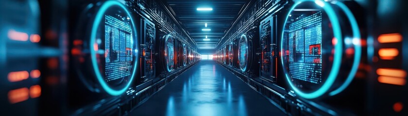 Poster - Illuminated Long Corridor with Rows of High-Tech Servers Creating a Modern and Futuristic Atmosphere in a Data Center Environment