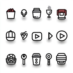 Poster - A set of 15 minimalistic black and white outline icons designed to represent different elements related to food drinks entertainment and digital interfaces