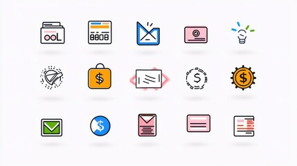 Poster - A set of 15 icons that visually represent various financial concepts and tools including banking investments savings payments and data analysis