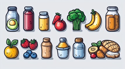 Poster - A comprehensive set of 15 nutritious food and drink icons designed in a clean minimalist line style for use in web and digital media applications