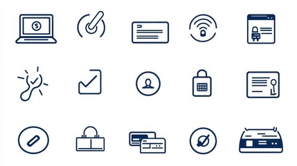 Poster - A collection of 15 simple outline style icons representing various aspects of online payment banking and financial transactions including creditdebit cards mobile devices data security and more