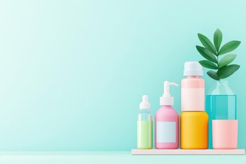 Poster - Elegant Glass Bottles Containing Vibrant Liquid and Lush Green Plant Creating a Refreshing and Natural Aesthetic for Modern Interior Decor