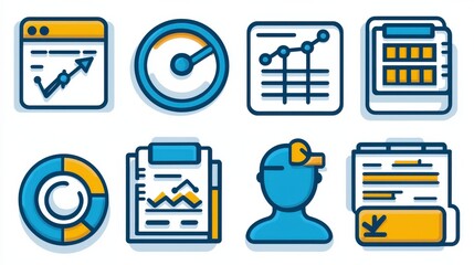 Poster - A collection of icons representing various aspects of project management including team analysis progress tracking and business strategy