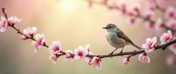 Naklejka na meble A Small Bird Perched on Blossoming Tree Branch.