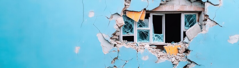 Poster - Dramatic View of a Broken Window Framed by a Vibrant Blue Wall Evoking a Sense of Abandonment and Intrigue in an Urban Setting