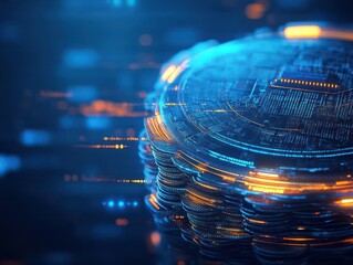 Poster - Closeup of a Stack of Shiny Coins Against a Bright Blue Background Highlighting Wealth and Financial Prosperity in a Simple Yet Elegant Composition