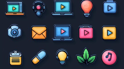 Poster - A collection of 15 minimalist outline icons representing various elements related to digital training such as laptops headphones and multimedia controls