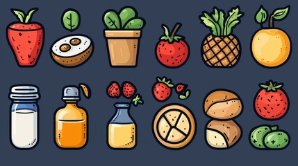Poster - A collection of 15 minimalist outline style icons depicting various healthy food items and components of a balanced diet including fruits vegetables dairy and condiments