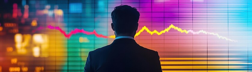  - Businessman in Formal Attire Analyzing Vibrant Stock Chart Reflecting Dynamic Market Trends and Financial Insights in a Professional Atmosphere