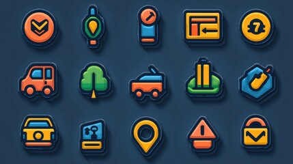 Poster - This image displays a collection of 15 simple minimalist outline icons designed for mobile apps and digital interfaces related to road transportation and navigation
