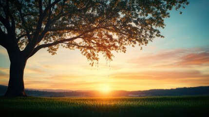 Poster - Solitary Tree Silhouetted Against a Vibrant Sunset in an Expansive Open Field Evoking Tranquility and Natural Beauty in a Serene Landscape Scene