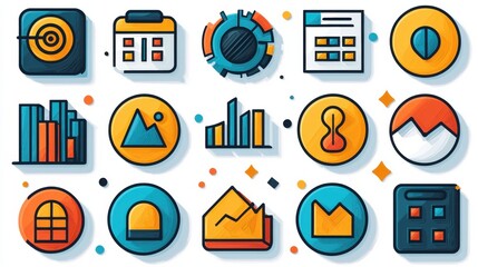 Poster - Collection of 15 minimalist outline icons designed to represent various statistical and data related concepts such as graphs charts reports and analytics