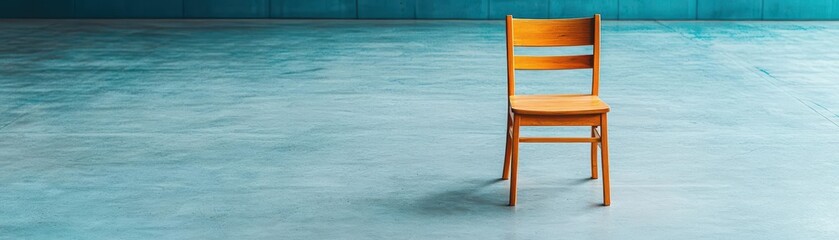 Poster - Elegant Wooden Chair Placed in a Calm Blue Room with Soft Lighting Creating a Cozy and Inviting Atmosphere for Relaxation and Contemplation