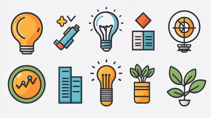 Poster - Colorful set of 15 minimalist outline icons representing various concepts related to leadership strategy and business development