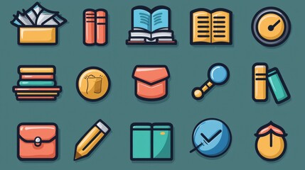 Poster - A set of outlined icons illustrating various elements and tools associated with a learning environment such as books writing implements organizational items and time management tools