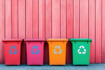 Poster - Vibrant Array of Colorful Trash Bins Set Against a Striking Red Wall Creating a Bold Urban Scene with Eye-Catching Contrast and Environmental Awareness