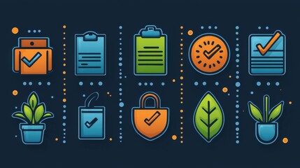 Poster - A set of 15 minimalist outline icons depicting various elements of action planning task organization and workflow management including a checklist clipboard schedule timer