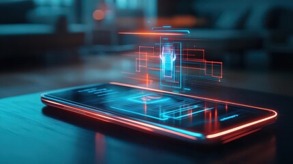 Fototapete - Illuminated Smartphone Display Positioned on Surface Emitting Brilliant Light Creating a Modern Tech Vibe in a Darkened Ambient Environment