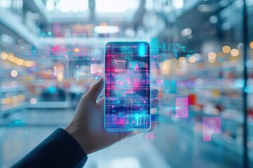 Fototapete - Person Holding Smartphone Displaying Advanced Futuristic Interface in Modern Urban Environment Emphasizing Technology and Connectivity in Daily Life