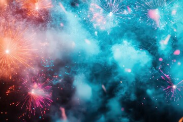 Poster - Vibrant Colorful Fireworks Exploding Against a Deep Black Night Sky Creating a Stunning Display of Light and Color for Celebratory Events and Festivals