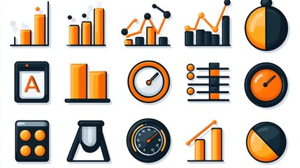 Poster - A collection of 15 outline icons depicting different aspects of data analysis business analytics and information visualization including charts graphs dashboards and other statistical representations