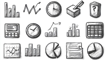 Poster - A collection of 15 minimalist outline icons depicting various elements related to statistics data analysis and information visualization