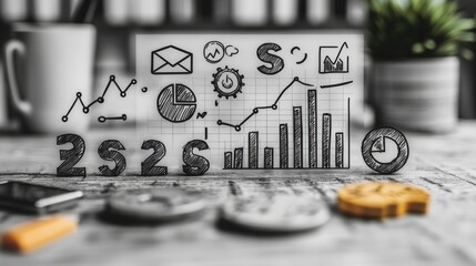 Poster - A collection of outline icons representing various elements of data analysis business intelligence and statistics including charts graphs performance metrics and other data visualization tools