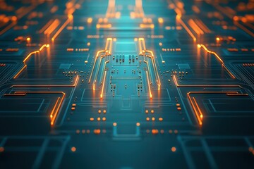Fototapete - Intricate Circuit Board Design Illuminated by Vibrant Orange Lights Showcasing Modern Technology and Innovation in an Abstract and Futuristic Style