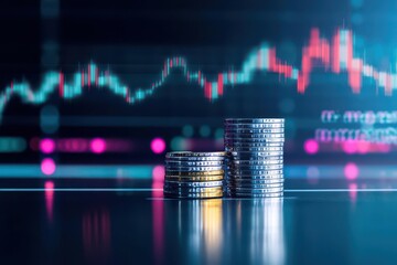  - Stacks of Coins on Table with Stock Chart in Background Symbolizing Financial Growth Investment Opportunities and Economic Progress in Business Environment