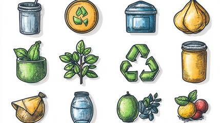 Poster - a collection of icons representing various elements of a sustainable eco friendly lifestyle includin