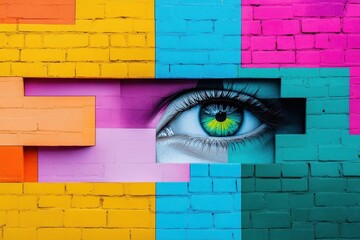 Poster - Vibrant Graffiti Art Displaying a Large Eye on a Colorful Brick Wall in an Urban Setting Evoking Imagination and Creativity in Street Culture