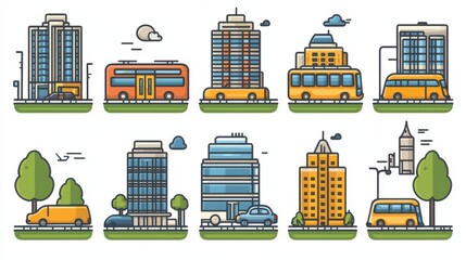 Poster - vibrant and minimalist depicting a diverse range of buildings vehicles and infrastructure that repre