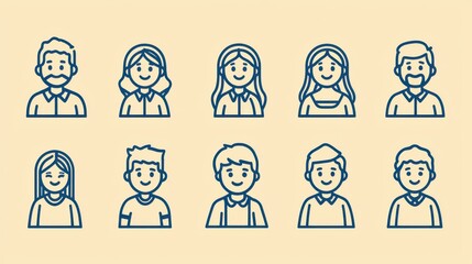 Poster - Set of 15 outline icons representing different family members friends and diverse people in a minimalist graphic design style