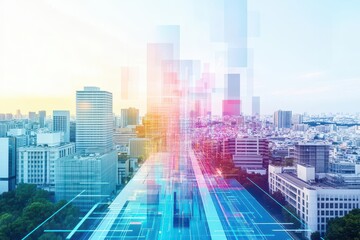 Poster - Aerial View of Urban Cityscape with Geometric Grid Overlay Showcasing Modern Architecture and Vibrant City Life in a Dynamic Urban Environment
