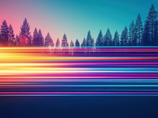 Poster - Vibrant Forest Illuminated by Radiant Light Streaks Creating a Magical Atmosphere with Lush Greenery and Colorful Foliage in Nature's Embrace