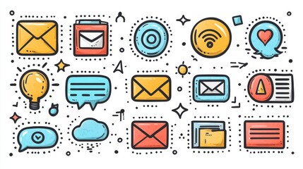 Poster - A collection of 15 outline icons representing various communication and technology related elements commonly used in corporate and professional settings such as email messaging social media
