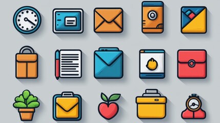 Poster - This image depicts a set of 15 outline icons representing common corporate and workaholic themed tasks including office supplies technology communication and productivity tools