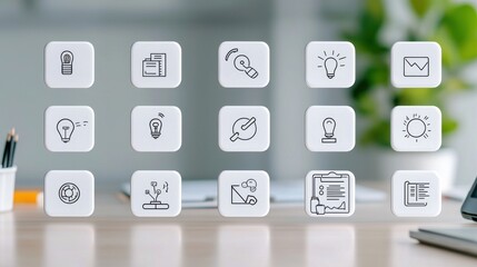 Poster - A collection of 15 minimalist line icons representing various aspects of planning strategy and execution in a business or project management context