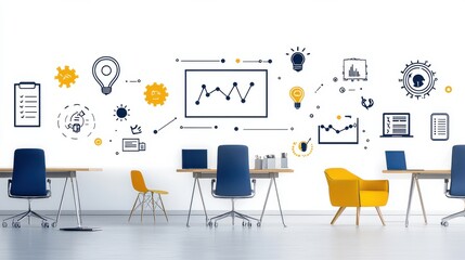 Poster - a collection of planning and execution icons displayed in a contemporary office environment represen
