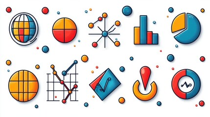 Poster - a collection of 15 minimalist colorful outline icons representing various statistical and data analy