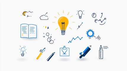 Poster - This image depicts a collection of 15 minimalist icons representing various tools and elements associated with workshops learning and creative problem solving such as lightbulbs pencils books charts