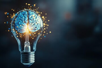 Poster - Conceptual Illustration of a Light Bulb Housing a Brain Symbolizing Creativity Innovation and Intelligence in a Modern Minimalistic Style Focused on Ideas