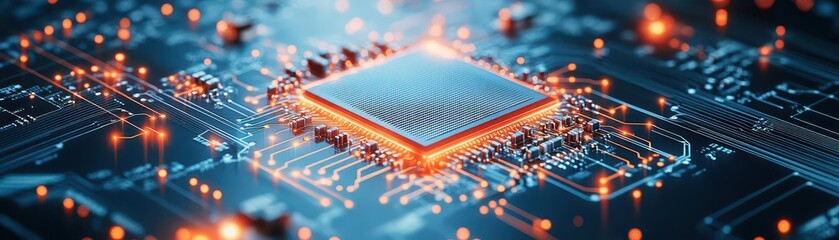 Fototapete - Intricate Computer Chip Embedded on a Circuit Board Surrounded by a Vibrant Blue Background Representing Advanced Technology and Innovation