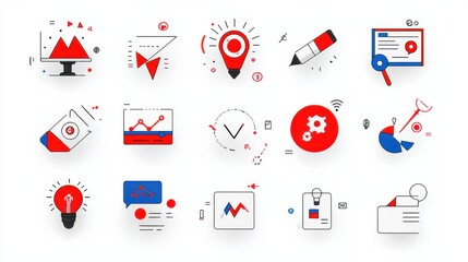 Poster - A set of 15 thin line icons representing various aspects of digital marketing data analytics and technological trends in the industry