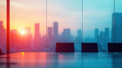 Poster - Modern Meeting Room with Panoramic City View Featuring Sleek Furniture Bright Lighting and Inviting Atmosphere for Productive Collaborations and Discussions